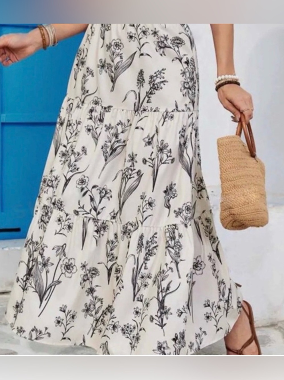 Tiered Floral Midi Skirt in White and Black